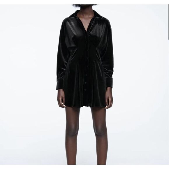 Zara Dresses & Skirts - Zara Black Velvet V Neck Long Sleeve Pleated Button Front Shirt Dress Size XS